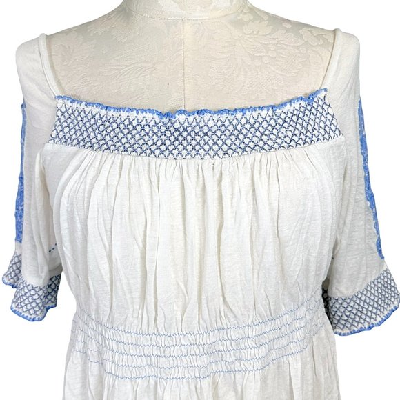 Free People Embroidered Elastic Ruched Peasant Top Blue/White Women's Medium - Picture 2 of 14